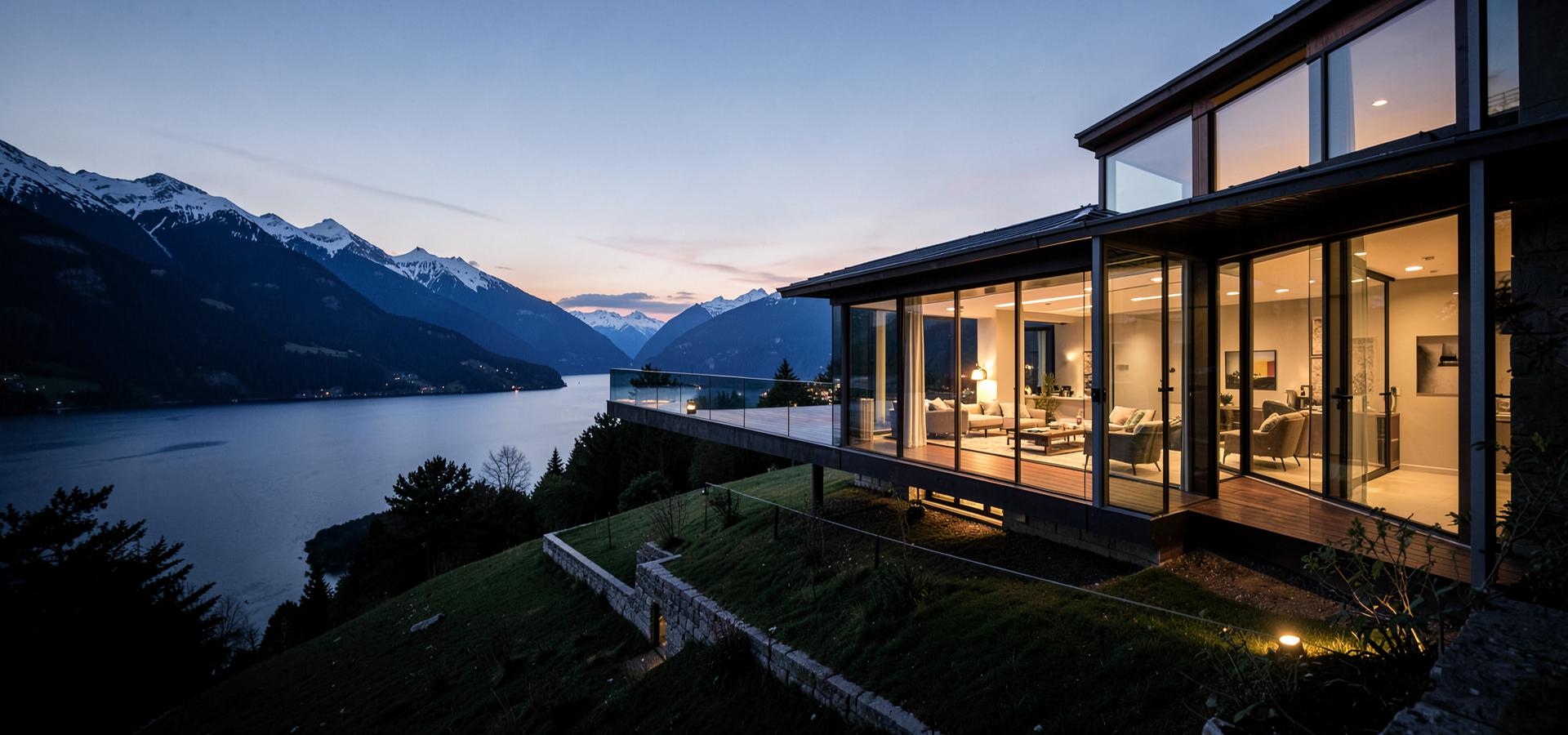 Moderne Schweizer Residenz mit Glasfassade am See bei Abendlicht