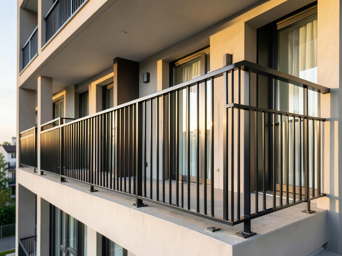 Schwarzes Stabgeländer an Balkon eines Mehrfamilienhauses