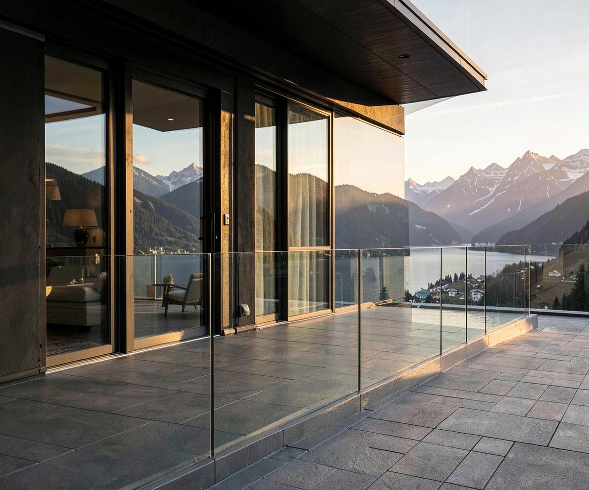 Rahmenloses Glasgeländer auf Terrasse mit Blick auf See und Berge