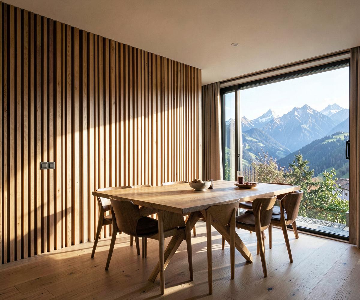 Moderner Innenausbau mit Holzlamellen-Wand und Blick auf Berge