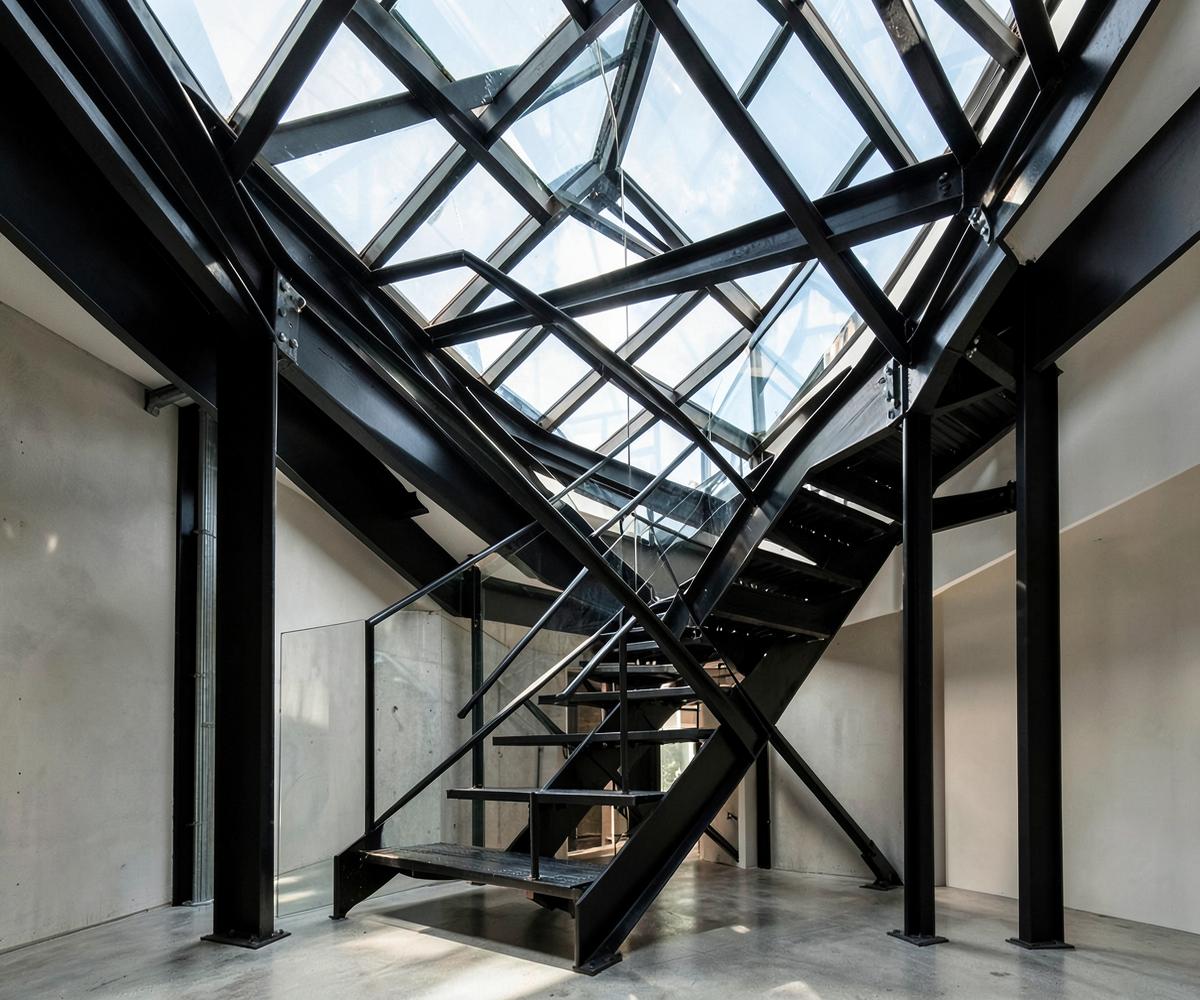 Schwarze Stahltreppe und Metallkonstruktion unter Glasdach