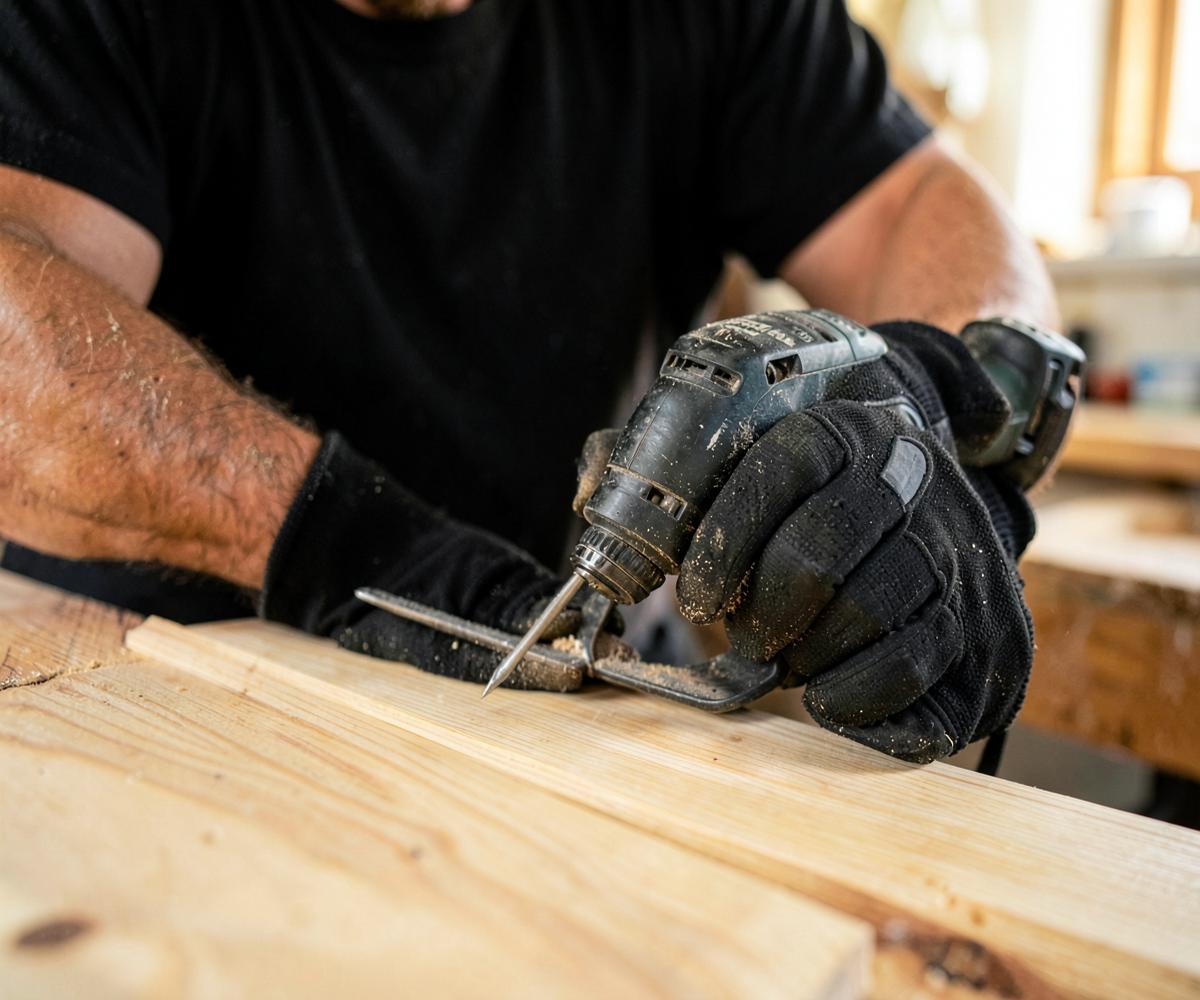 Monteur arbeitet präzise mit Akkuschrauber an einem Holzelement