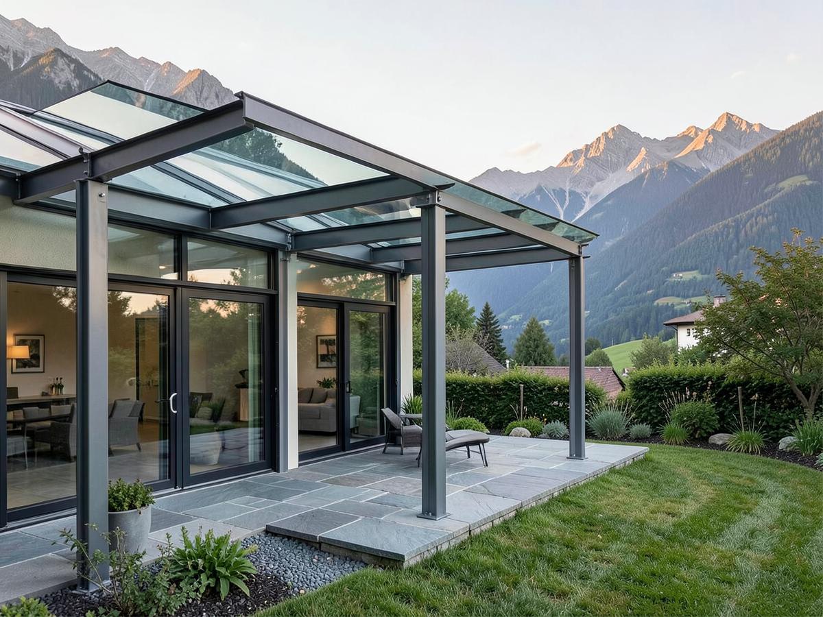 Terrassenüberdachung aus Stahl und Glas